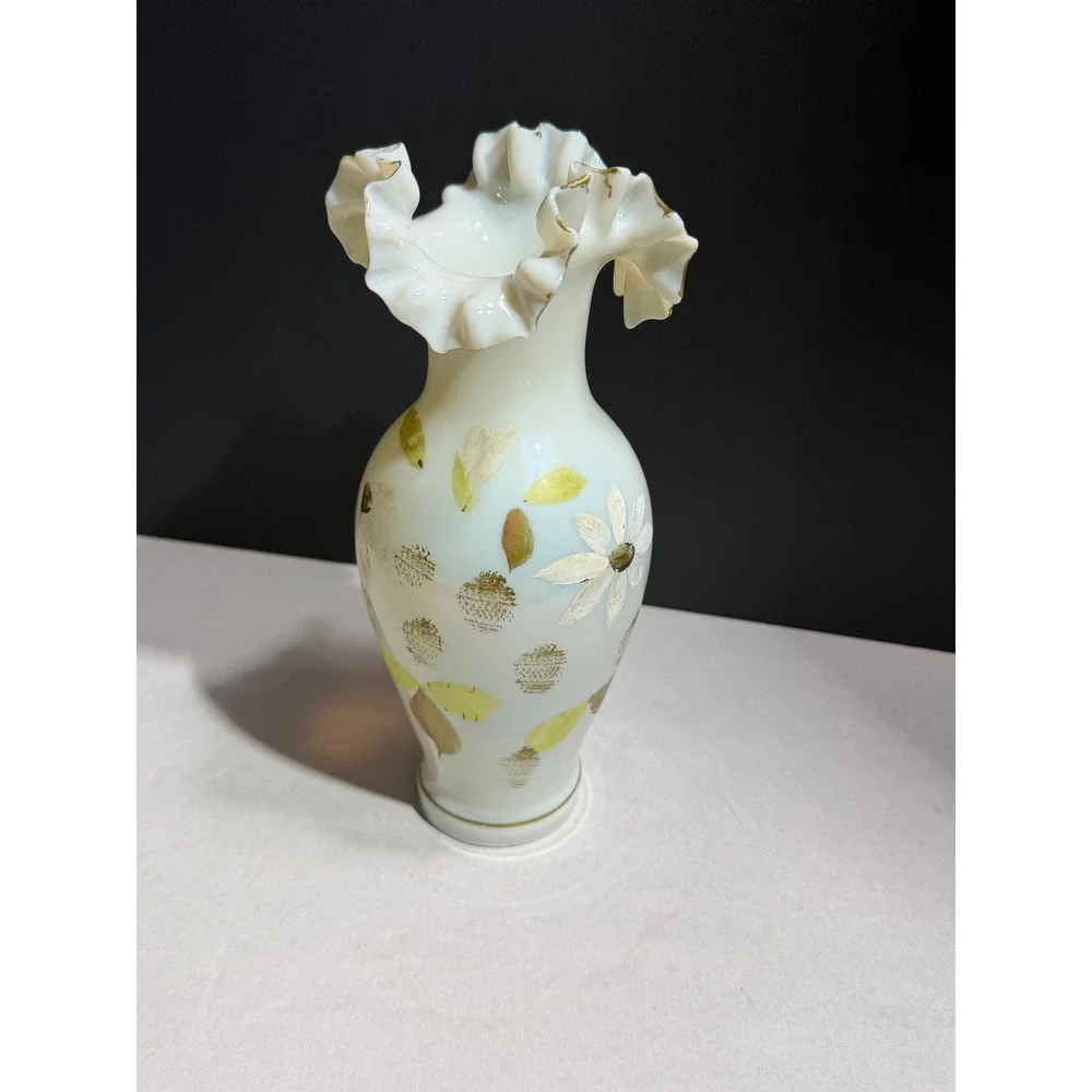 Vintage Bristol Opaque Glass Ruffled Vase Hand Painted Floral Gold Trim